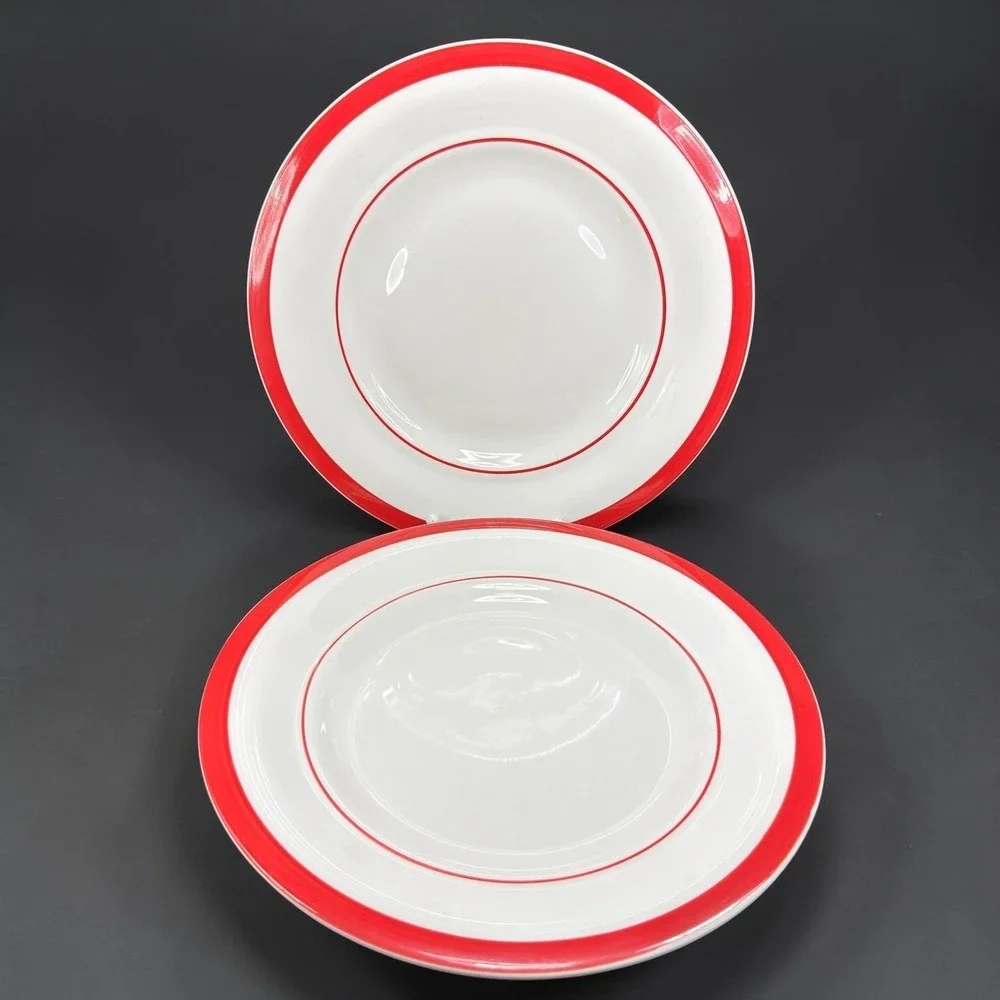 American Bistro Diner Ware Red Rim White Dinner Plates Set‎ of 2 Retro 11 Inch